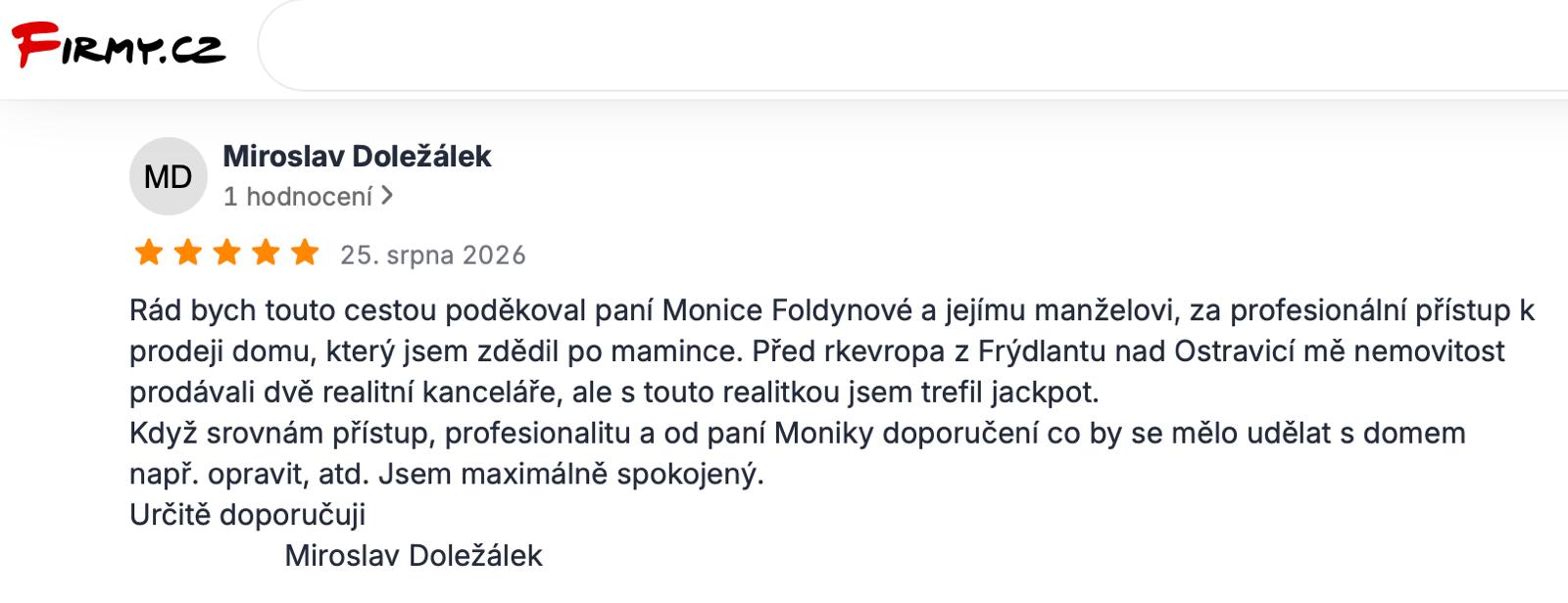 Recenze od Miroslava Doležálka na Firmy.cz